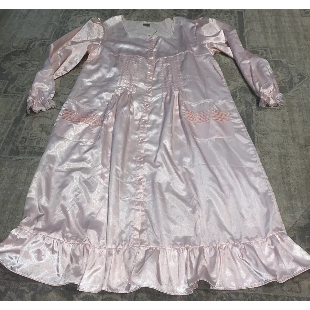 Vintage Kathryn Satin Pink Button Down Gown House Dress Womens Ruffle Edgeā NWT